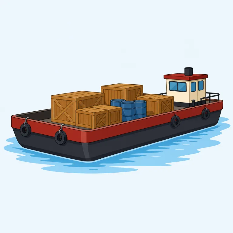 barge（はしけ・名詞）の覚え方イラスト — barge は、まず river / canal / cargo とセットで覚えると定着しやすいです