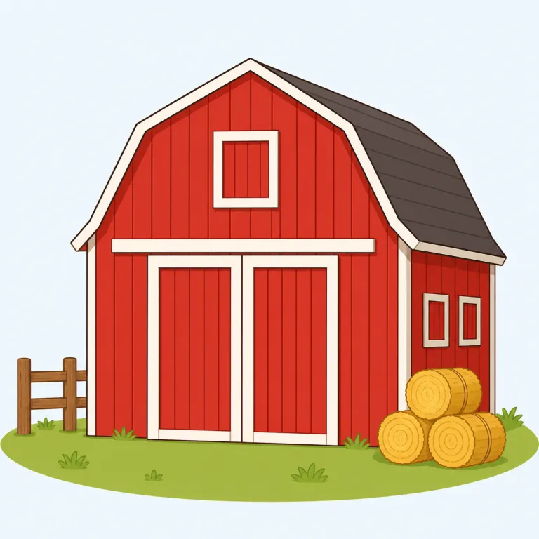 barn（納屋・名詞）の覚え方イラスト — この「納屋」の barn は、家畜を入れる基本義とは別に、干し草・穀物・農具などを保管する農場の大きな建物として覚えます