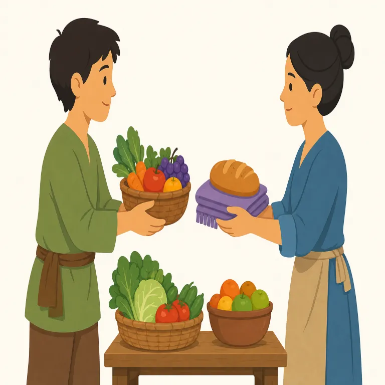bartering（物々交換・名詞）の覚え方イラスト — bartering は barter の -ing 形で、「今まさに交換でやり取りしている感じ」を出せます