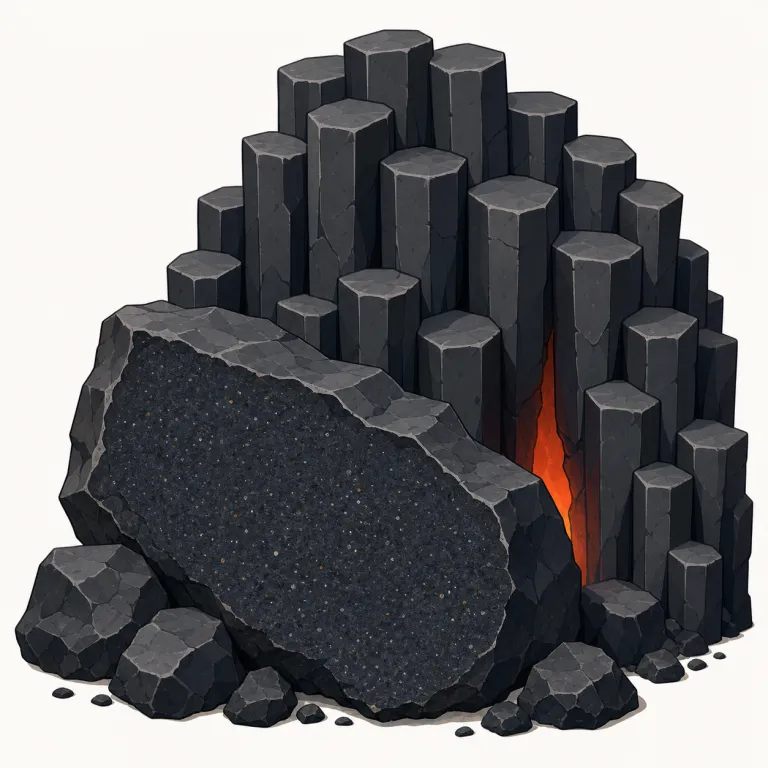 basalt（玄武岩・名詞）の覚え方イラスト — 地学では basalt を単独で覚えるより、「火山の溶岩が地表や海底で急に冷えてできる、黒っぽく細かい岩」と場面ごと覚えると定着します