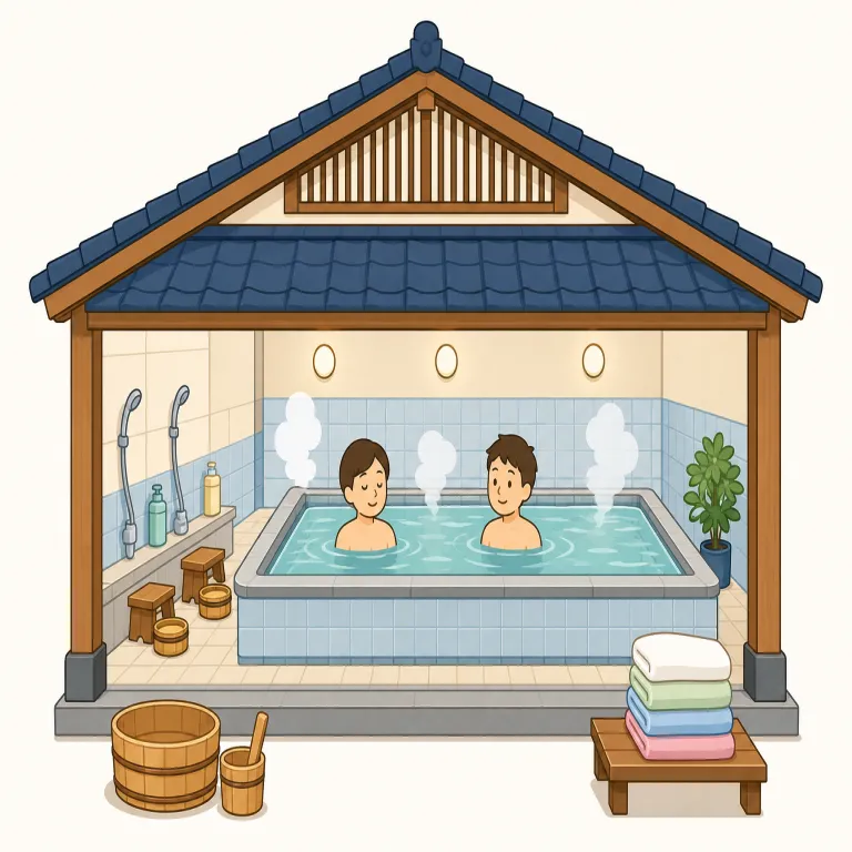 bathhouse（浴場・名詞）の覚え方イラスト — bath + house の直球な複合語として覚えるのが最短です