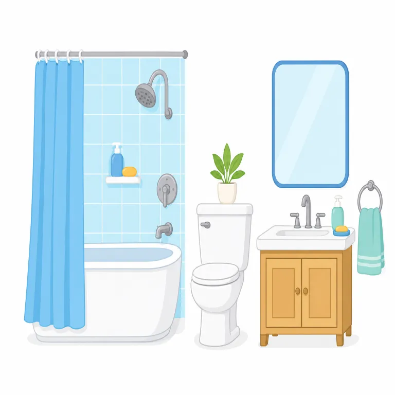 bathroom（浴室、トイレ（洗面所）・名詞）の覚え方イラスト — bath＋room の直球な複合語なので、まず「お風呂のある部屋」で意味の核をつかむと覚えやすい