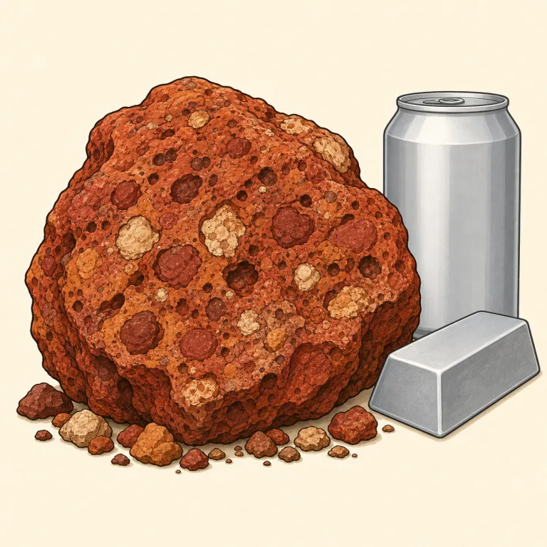 bauxite（ボーキサイト・名詞）の覚え方イラスト — 単独では取りつきにくい語なので、まず「aluminum とセットで出る鉱石名」として固めるのが近道です