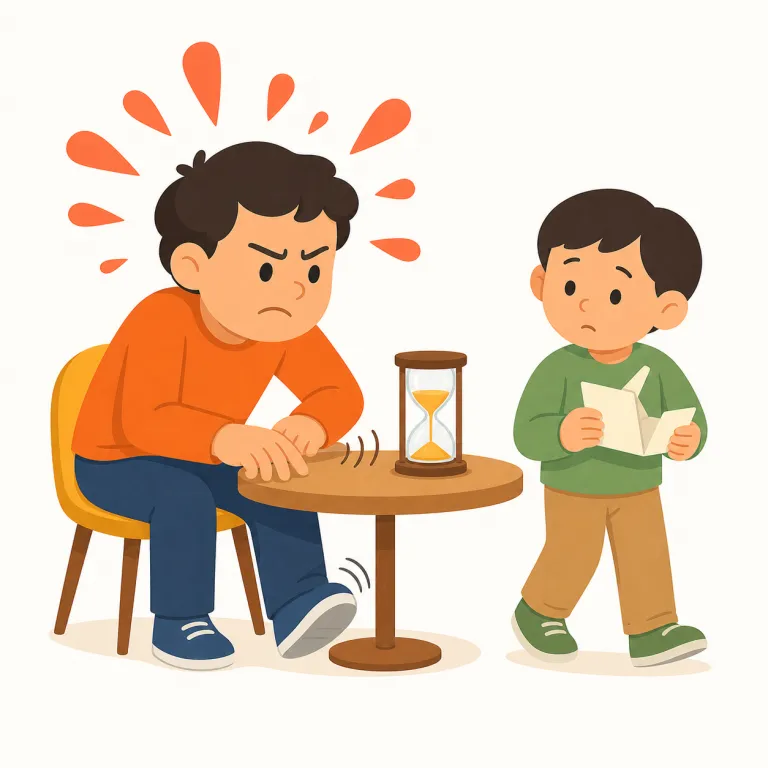 be impatient with（苛立つ・イディオム）の覚え方イラスト — patient「辛抱強い」が分かれば、impatient はその逆で「待てない・我慢できない」