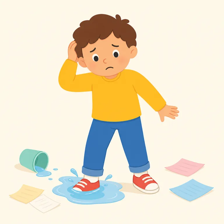 be in trouble（困っている・イディオム）の覚え方イラスト — 中心は trouble
