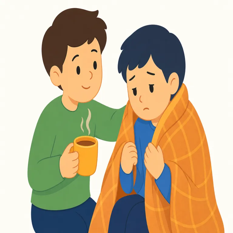 be kind to（～に親切にする・イディオム）の覚え方イラスト — まず kind は単体で「親切な」と覚えておき、そこに be を付けて「親切な状態でいる」→ be kind to で「〜に親切にする」と取ると定着しやすいです