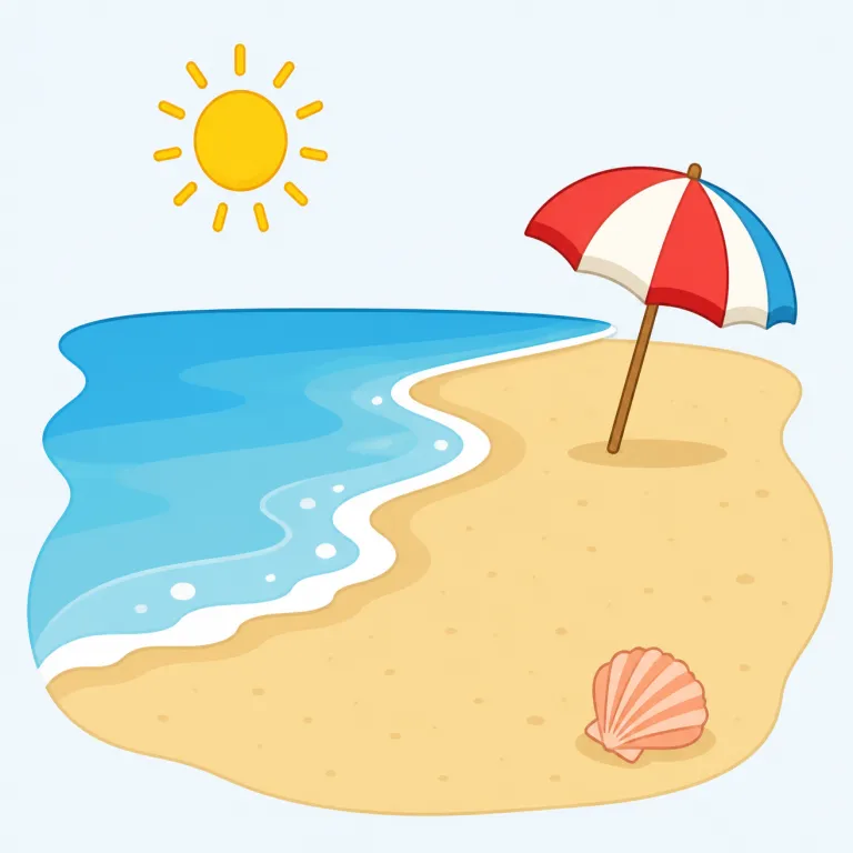 beach（浜辺・名詞）の覚え方イラスト — beach は、海や湖の水際にある「砂や小石の場所」を思い浮かべると定着しやすい語です