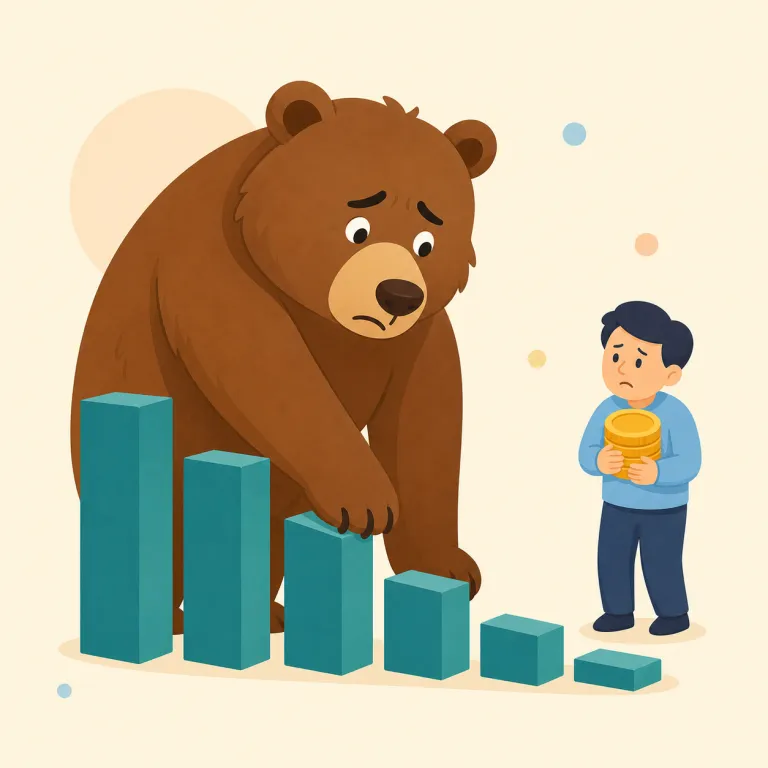 bearish（弱気な・形容詞）の覚え方イラスト — bearish は金融でほぼ必ず bullish の反対語として覚えると残りやすい語です