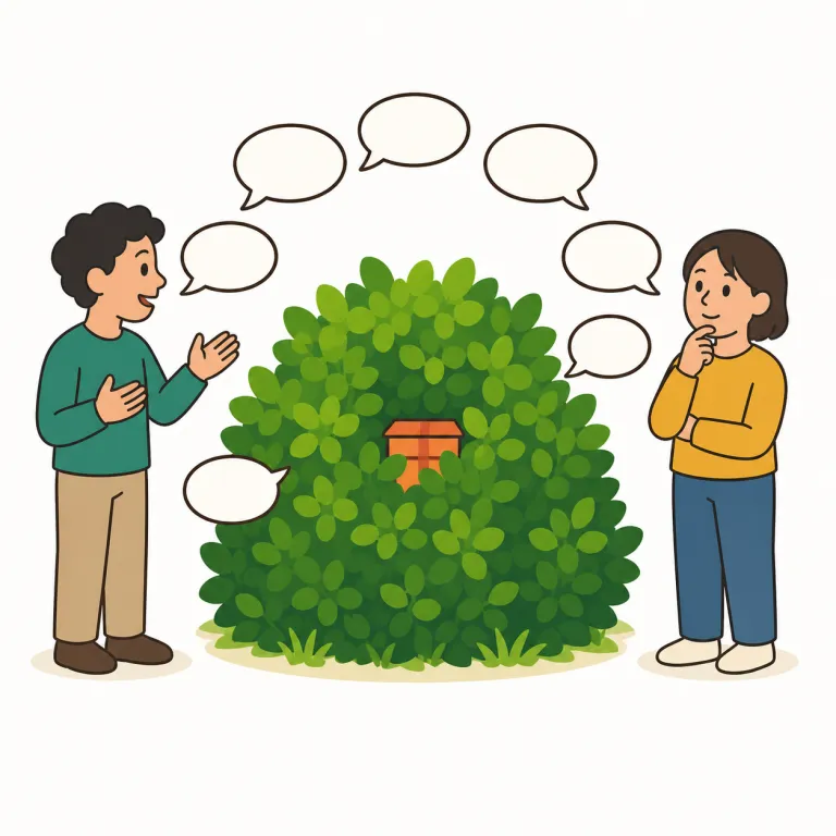 beat around the bush（遠回しに言う・イディオム）の覚え方イラスト — beat around the bush は、直接的な言い方を避け、やわらかく遠回しに言う意味で覚えます