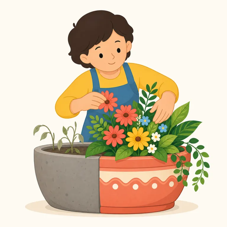 beautifying（美化している・動詞）の覚え方イラスト — She is beautifying her home なら「家を美しくしている最中」、volunteers are beautifying the station ar…