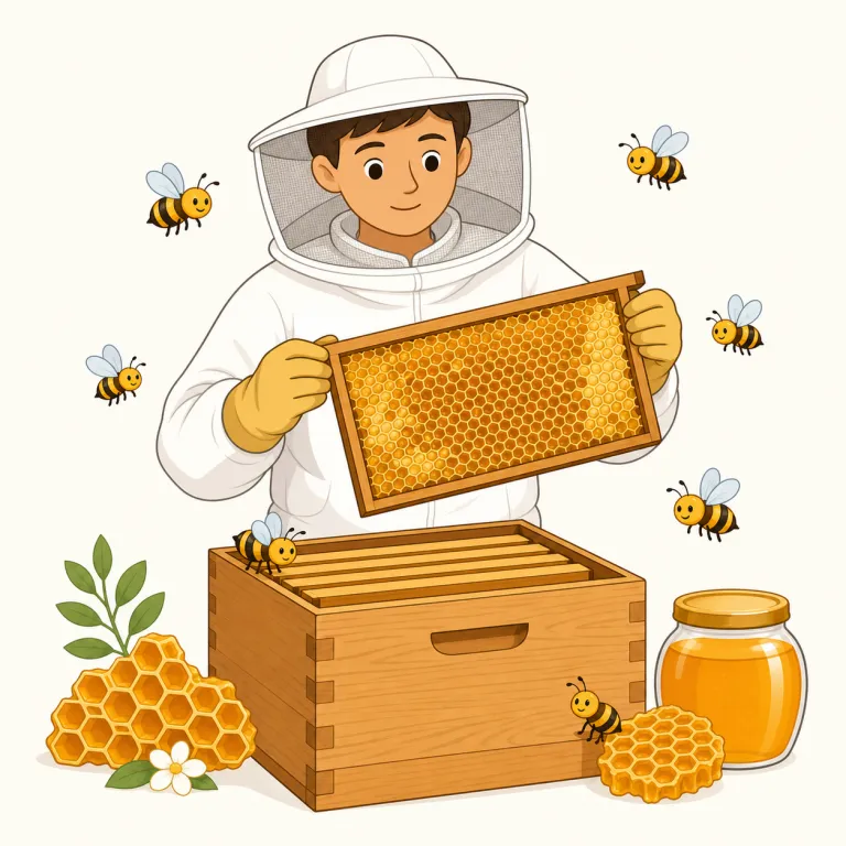 beekeeping（養蜂・名詞）の覚え方イラスト — bee（蜂）+ keeping（世話・飼育）と分けると覚えやすい語です