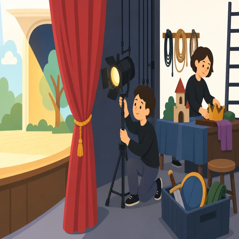 behind the scenes（舞台裏で・イディオム）の覚え方イラスト — behind the scenes は、演劇やイベントの表舞台ではなく、裏方の場所や運営側で何かが進む感覚で覚えるとよいです