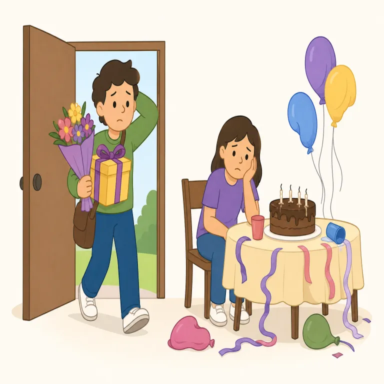 belated（遅れた・形容詞）の覚え方イラスト — late「遅い」を知っていれば中心イメージは取りやすく、belated は「本来もっと早いはずだったのに、今ごろになって出てきた」という感じ