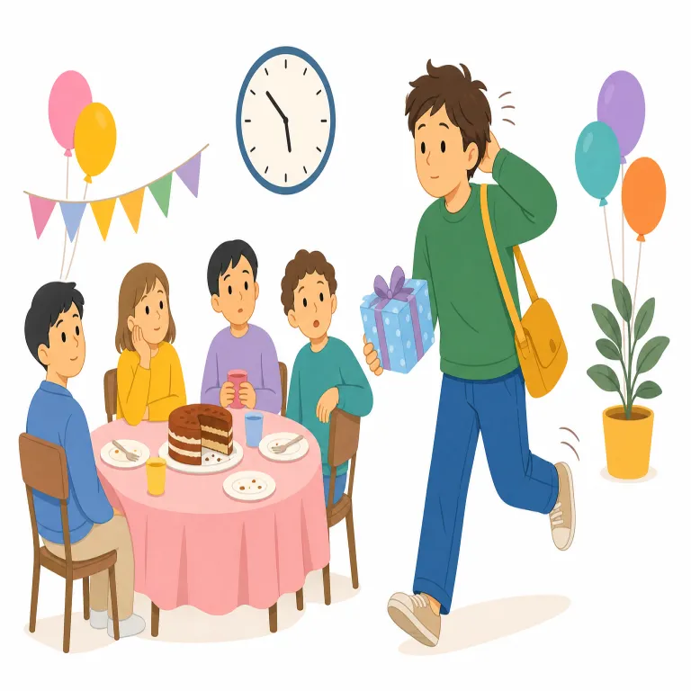 belatedly（遅ればせながら・副詞）の覚え方イラスト — まず late「遅い」が見えていれば覚えやすい語です