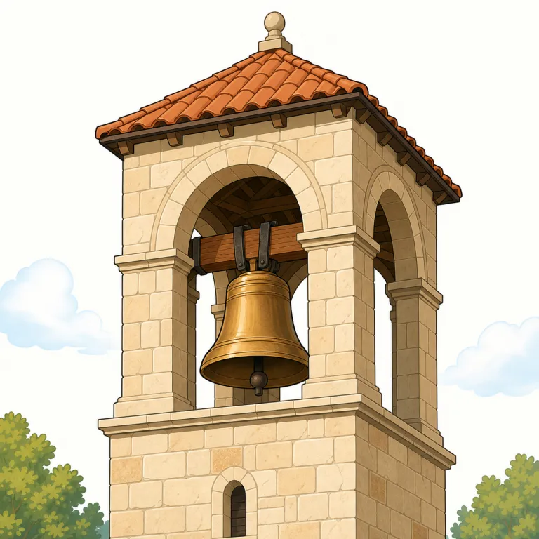 belfry（鐘楼・名詞）の覚え方イラスト — bell を含む形に見えるので、まず「bell がある場所」と結びつけると覚えやすい