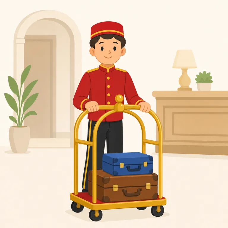 bellhop（ベルボーイ・名詞）の覚え方イラスト — 「bell」と「hop」が見えたら、ホテルで呼び鈴が鳴るとすぐ動く人、という場面で覚えると定着しやすい