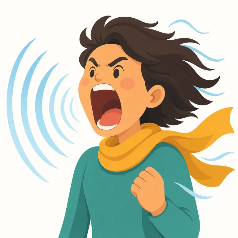bellow（怒鳴る・動詞）の覚え方イラスト — verb の bellow は、ただ大声を出す shout ではなく、胸の奥から押し出して周囲を圧するように叫ぶ動作です