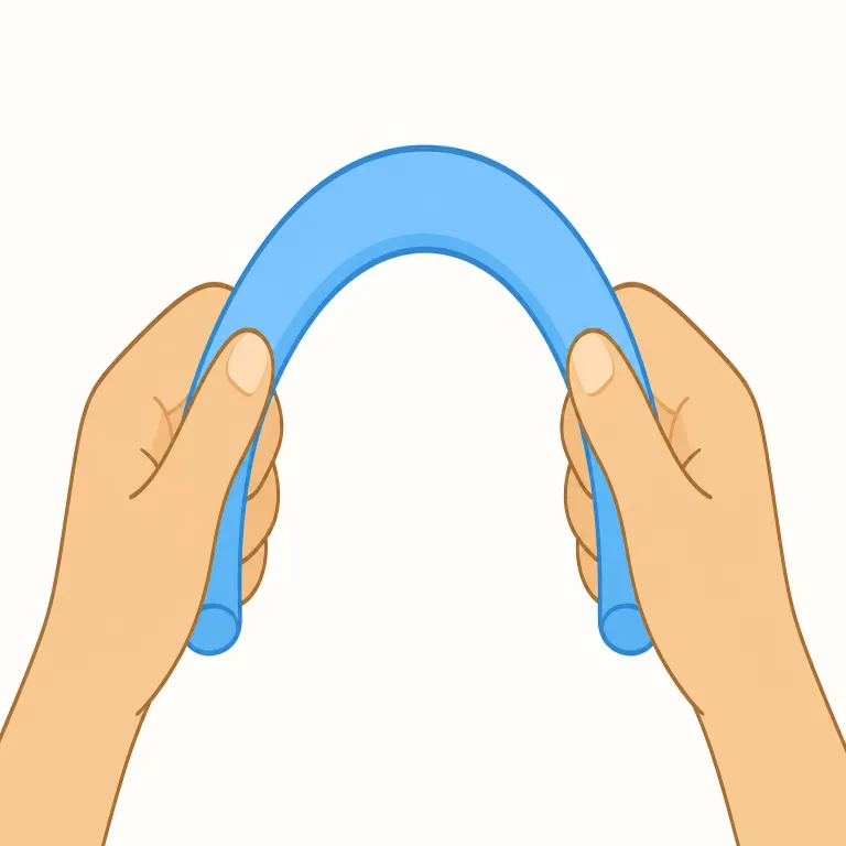 bend（曲げる、曲がる・動詞）の覚え方イラスト — bend は「硬すぎず、まっすぐなものが力でしなる」動作として覚えるとよい