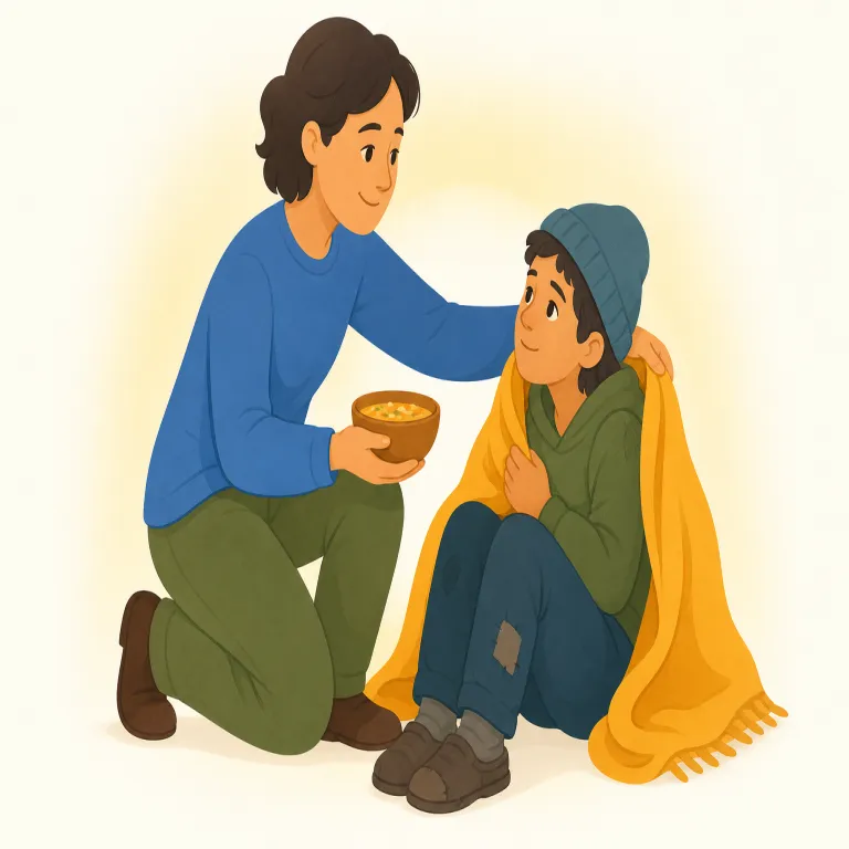 benevolent（慈悲深い・形容詞）の覚え方イラスト — このエントリの benevolent は、単に「親切な」という基本義よりも重く、弱い立場の人を思いやって助ける「慈悲深い」性質を表します