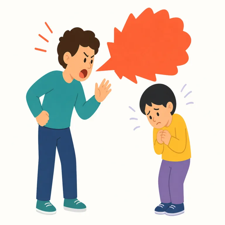 berate（叱責する・動詞）の覚え方イラスト — berate は「強く・きつく」相手を言葉で責める動詞として覚えると定着しやすいです
