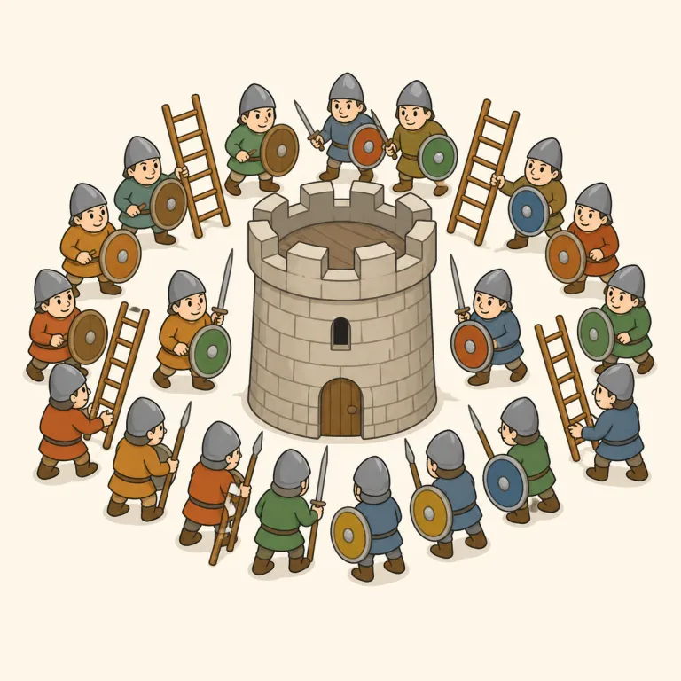 besieging（包囲する・動詞）の覚え方イラスト — まず中心は siege