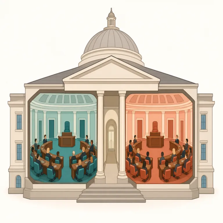 bicameral（二院制・形容詞）の覚え方イラスト — 政治分野の bicameral は、bi-「二つ」+ chamber「議場・院」と考えると覚えやすい語です