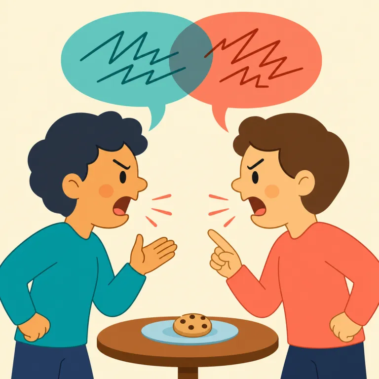 bicker（口論する・動詞）の覚え方イラスト — bicker は argue より軽く、fight ほど深刻ではない「細かいことで言い合う」と整理すると覚えやすいです