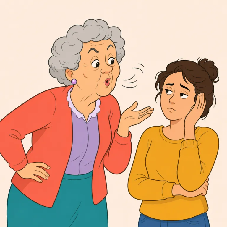 biddy（うるさいおばあさん・名詞）の覚え方イラスト — biddy は会話で少し見下した響きのある「口うるさいおばさん」