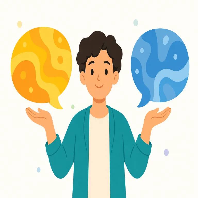 bilingual（二言語の、二言語を使える・形容詞）の覚え方イラスト — 名詞の「二言語話者」と違い、形容詞 bilingual は後ろの名詞を説明する語として働く