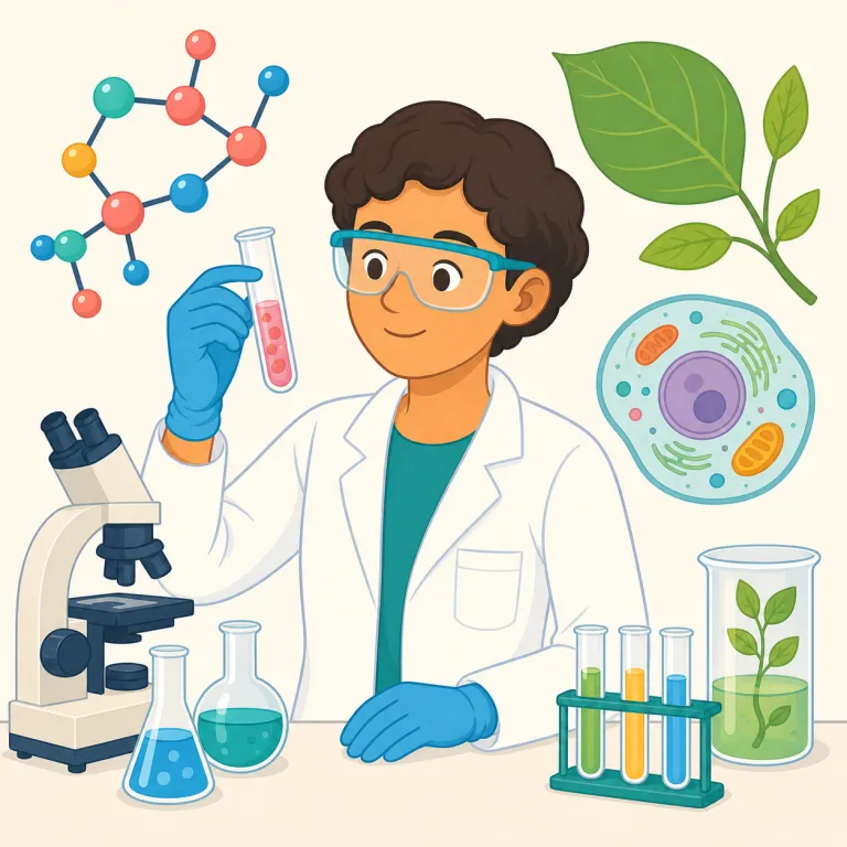 biochemist（生化学者・名詞）の覚え方イラスト — bio- は biology や biotechnology に出る「生命」、chemist は chemistry を扱う人
