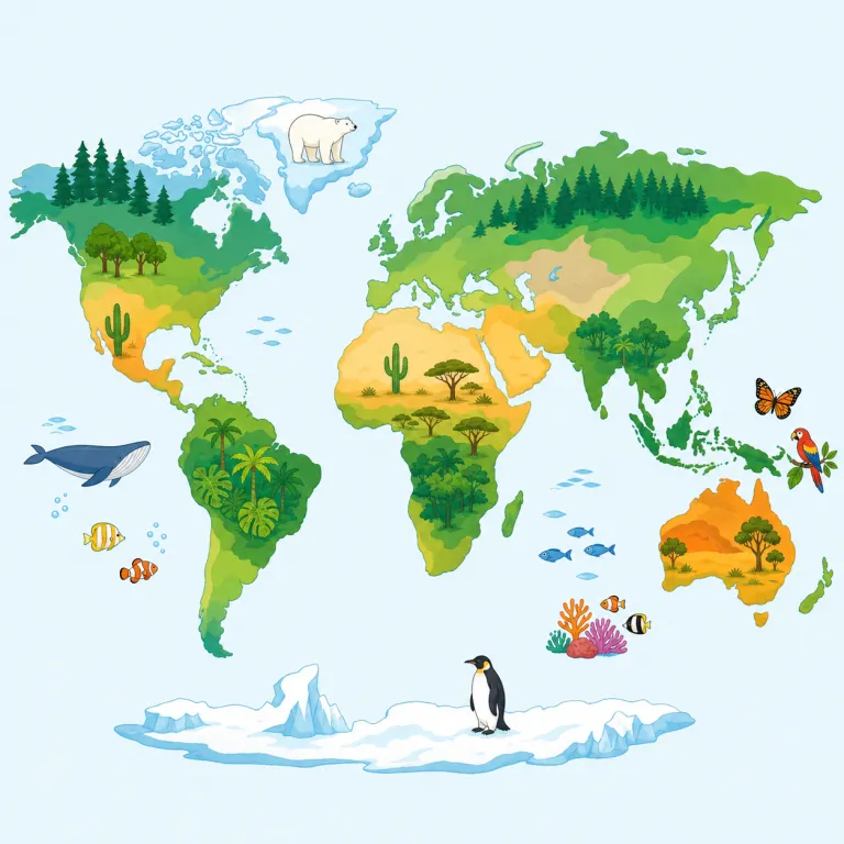 biogeography（生物地理学・名詞）の覚え方イラスト — bio-「生物」と geography「地理」を合わせると、生命を場所の観点から扱う語だと見抜けます