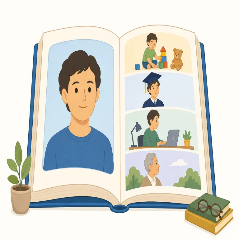 biography（伝記・名詞）の覚え方イラスト — biography は bio-「生命」と -graphy「書く・記録する」から成る語で、人の人生を文章化した「伝記」と覚えます