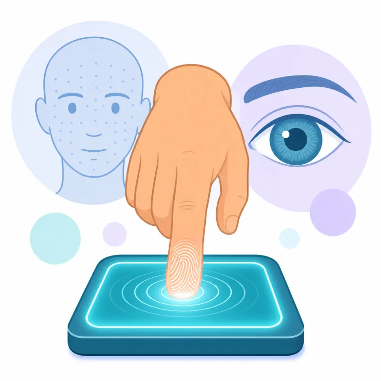 biometric（生体認証の・形容詞）の覚え方イラスト — `bio-` が付く語は biology, biodegradable など「生命・生物」に関係しやすく、`metric` は「測る・数値化する」感覚で押さえると、biome…