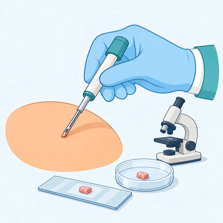 biopsy（生検・名詞）の覚え方イラスト — bio- は biology で見慣れた「生命・生体」の合図