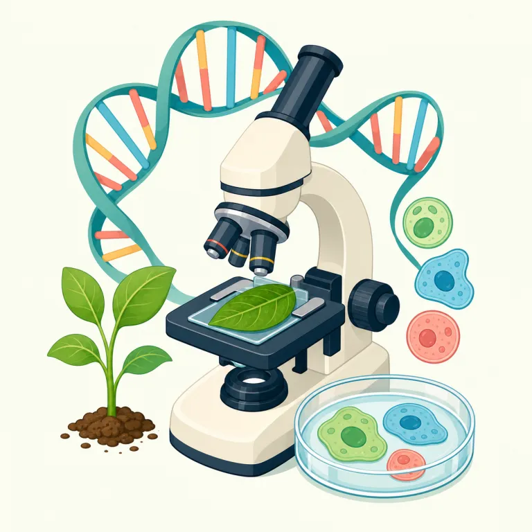 bioscience（生命科学・名詞）の覚え方イラスト — bio- は biology, biography, biotech などに共通する『生命・生物』の目印、science は『科学』