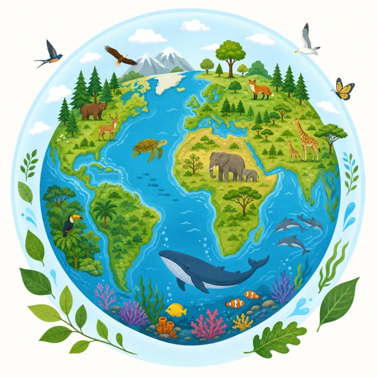 biosphere（生物圏・名詞）の覚え方イラスト — bio- は biology, biodegradable などの「生命・生物」系、-sphere は atmosphere, hemisphere, hydrosphere に共…