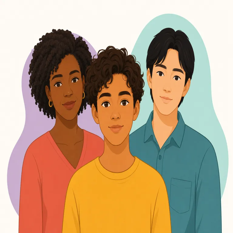 biracial（二つの人種に関する、二人種の血を引く・形容詞）の覚え方イラスト — bi- を「二つ」、racial を「人種に関する」と考えましょう