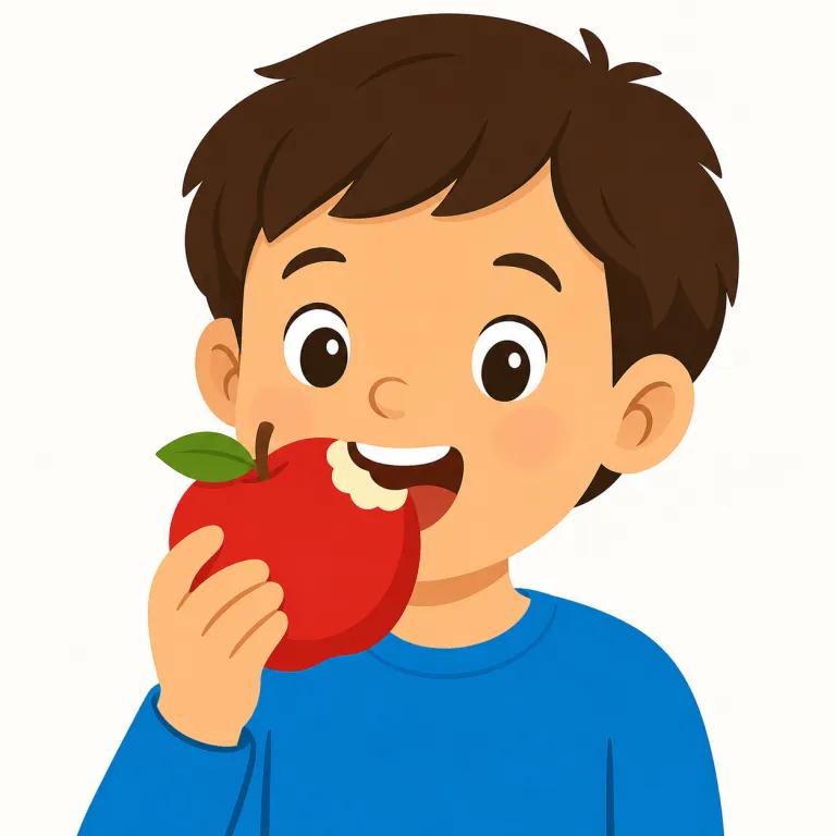 bite（かむ・動詞）の覚え方イラスト — bite は「食べる」全体ではなく、歯が対象に入る瞬間を切り取る動詞です