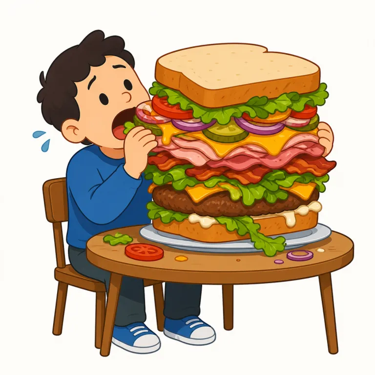 bite off more than one can chew（手に余ることをする・イディオム）の覚え方イラスト — "bite off more than one can chew"は、直訳の「かみ切れないほど大きくかじる」場面をその…