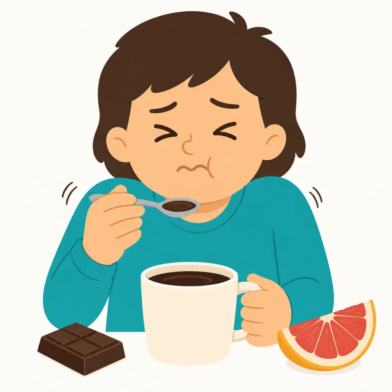 bitter（苦い・形容詞）の覚え方イラスト — この bitter は味の「苦い」を表す用法です