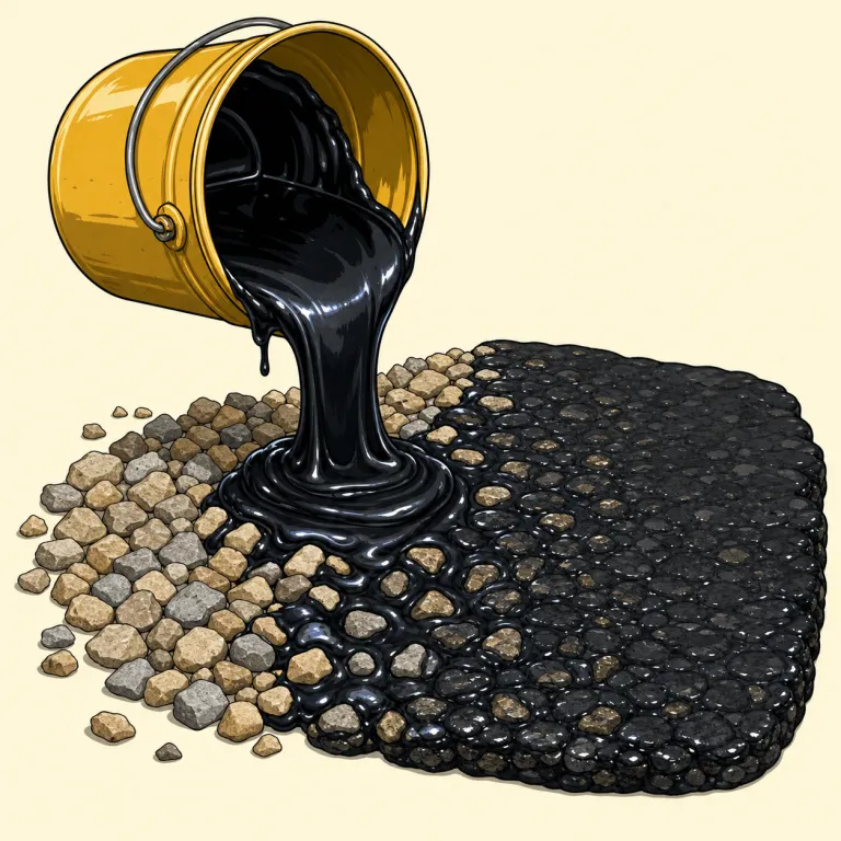 bitumen（瀝青、ビチューメン・名詞）の覚え方イラスト — bitumen は、まず「道路や屋根の防水に使う、黒くてねばつく材料」という場面ごと覚えると残りやすい語です