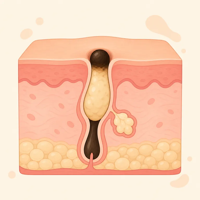blackhead（黒ニキビ・名詞）の覚え方イラスト — black と head をそのまま結び、「毛穴の先端に黒い頭が出ている感じ」と絵で覚えるのが最短です