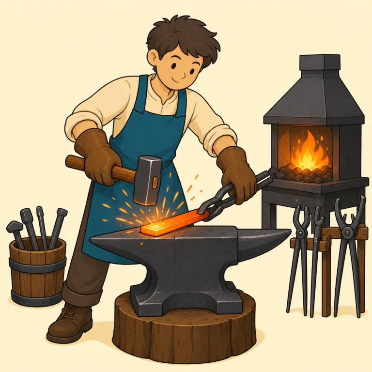 blacksmithing（鍛冶・名詞）の覚え方イラスト — blacksmithing は blacksmith（鍛冶屋）+ -ing で、「職人そのもの」ではなく「鍛冶という作業・技術」を指すと押さえると覚えやすいです
