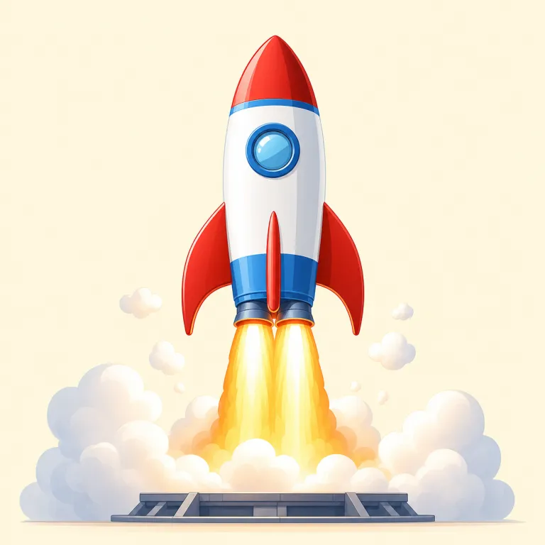 blastoff（打ち上げ・名詞）の覚え方イラスト — blast は「強い爆発・噴射」、off は「元の場所から離れて」と捉え、ロケットが炎を噴いて発射台を離れる瞬間を思い浮かべると覚えやすい