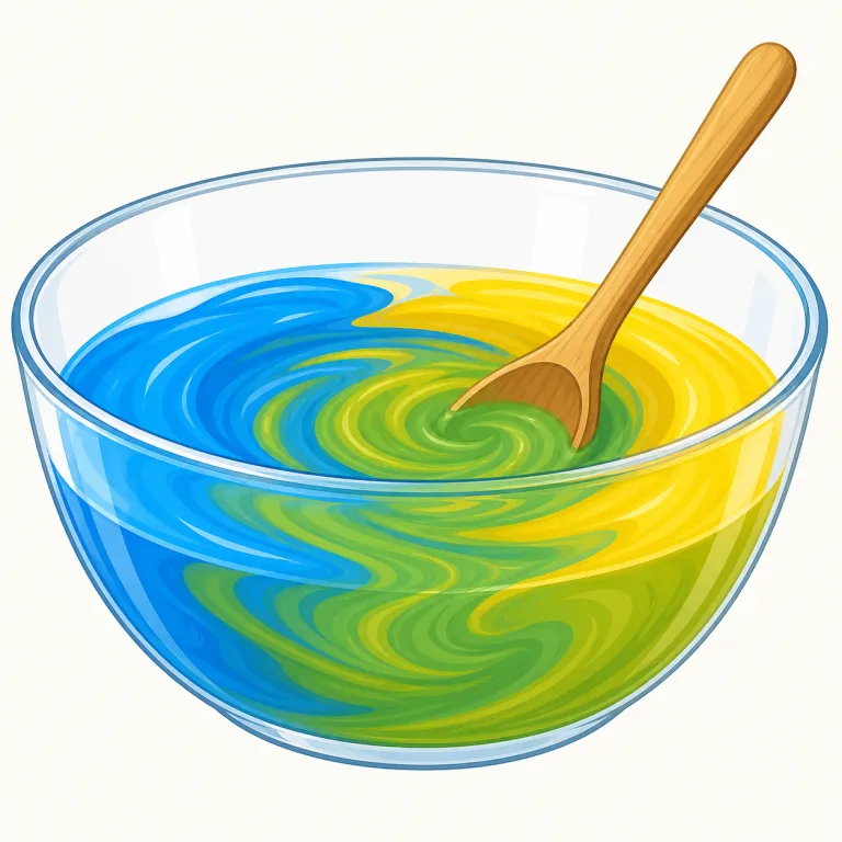 blend（混ぜる・動詞）の覚え方イラスト — 動詞の blend は、ただ一緒に入れるのではなく、違いが残りすぎないように整えて一体化させる動きとして覚えるとよいです