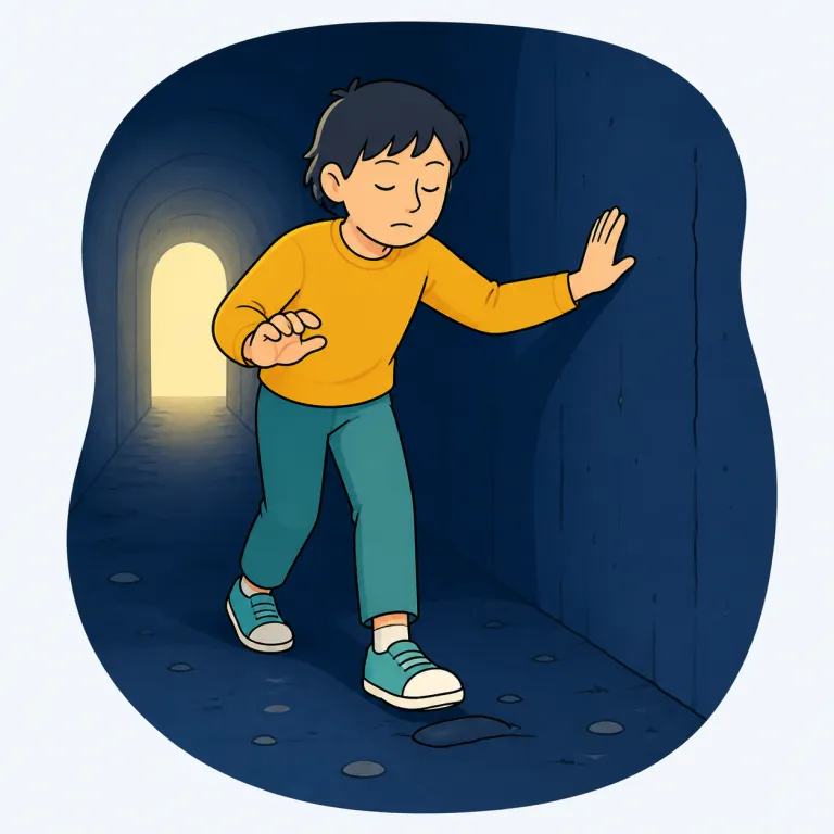 blindly（手探りで・adverb）の覚え方イラスト