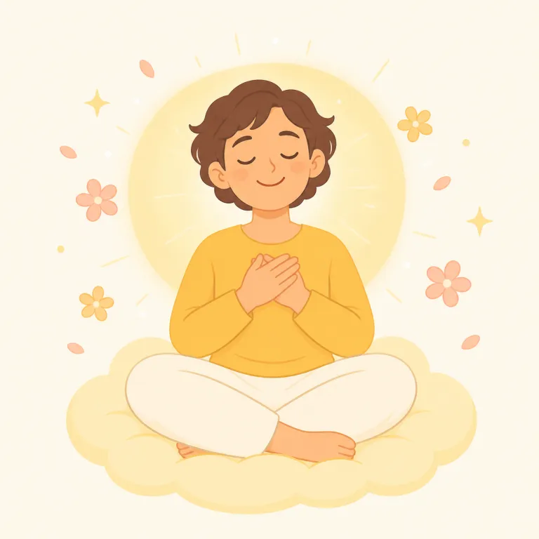 bliss（至福・名詞）の覚え方イラスト — bliss は、日常の happy よりずっと強く、悩みや不足が消えて心が完全に満たされた「至福」を表す名詞です