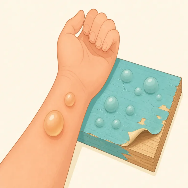 blistered（（皮膚や塗装などが）膨れた・形容詞）の覚え方イラスト — blister を知っていれば、「水ぶくれができた状態」とそのまま取れる
