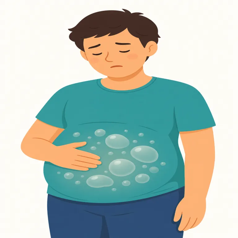 bloating（膨満感・名詞）の覚え方イラスト — bloat を単体で覚えるより、bloated stomach（張ったお腹）, abdominal bloating（腹部膨満）, bloating after meals（食後の張…