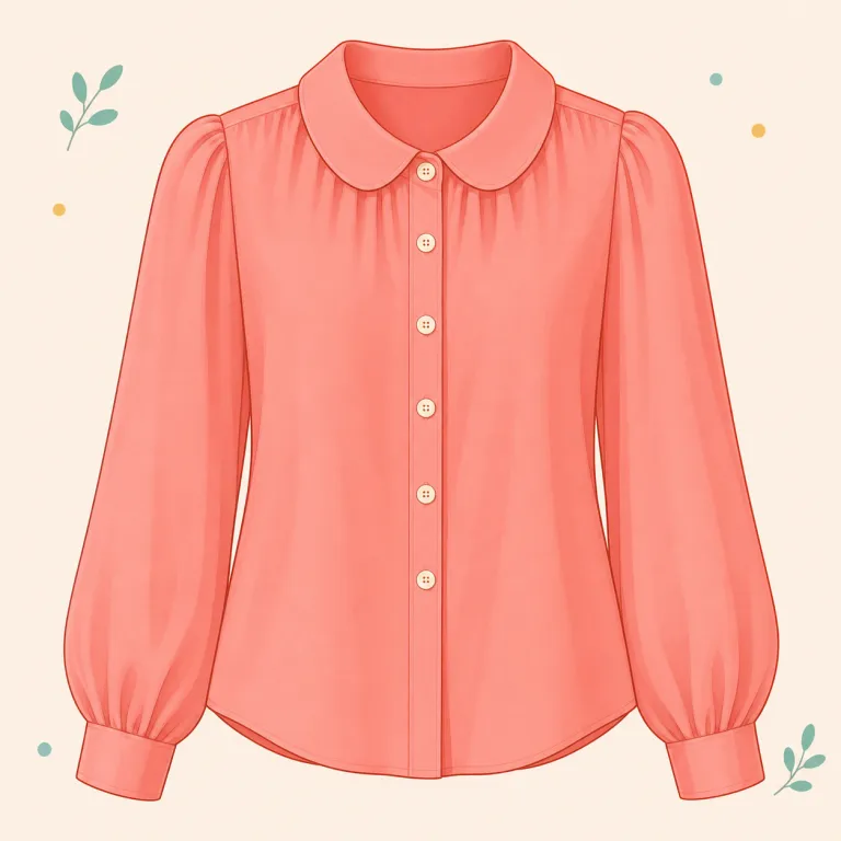 blouse（ブラウス・名詞）の覚え方イラスト — shirt が男女どちらにも使える広い語なのに対し、blouse は「主に女性向けで、やわらかい布の上衣」を指すことが多い、と対比で覚えると残りやすいです